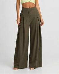 Saskia | High-Waist Deep Pleat Flowing Wide-Leg Trousers in Khaki