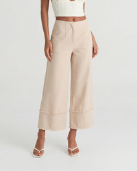 Paige | High-Waist Raw Hem Cropped Wide-Leg Cotton Trousers in Cream