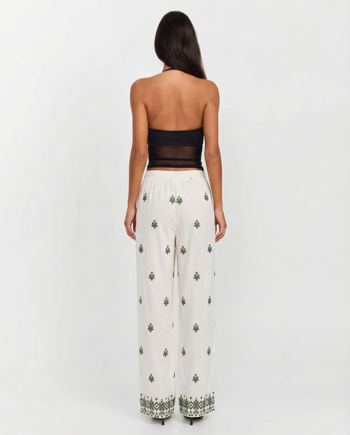 Hazel | Embroidered Drawstring Geometric Hem Wide-Leg Linen Trousers in Cream