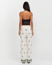Hazel | Embroidered Drawstring Geometric Hem Wide-Leg Linen Trousers in Cream
