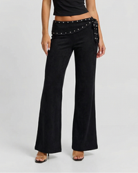 Mia | Studded Wrap Waistband Side-Tie Wide-Leg Jersey Trousers in Black