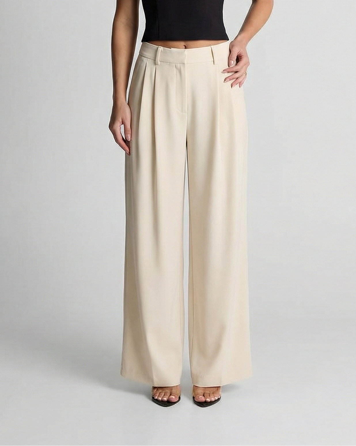 Margot | High Waisted Wide Leg Pants Cream Pleated