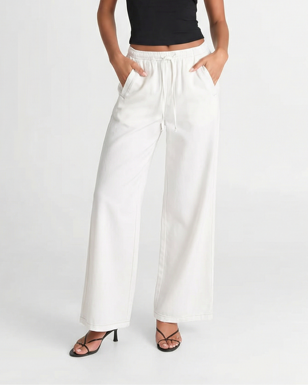 Willow | Drawstring Wide-Leg Cotton Trousers with Contrast Stitching