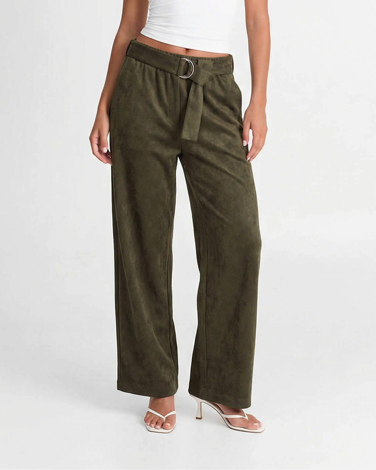 Summer | D-Ring Belt Soft Brushed Wide-Leg Trousers in Khaki