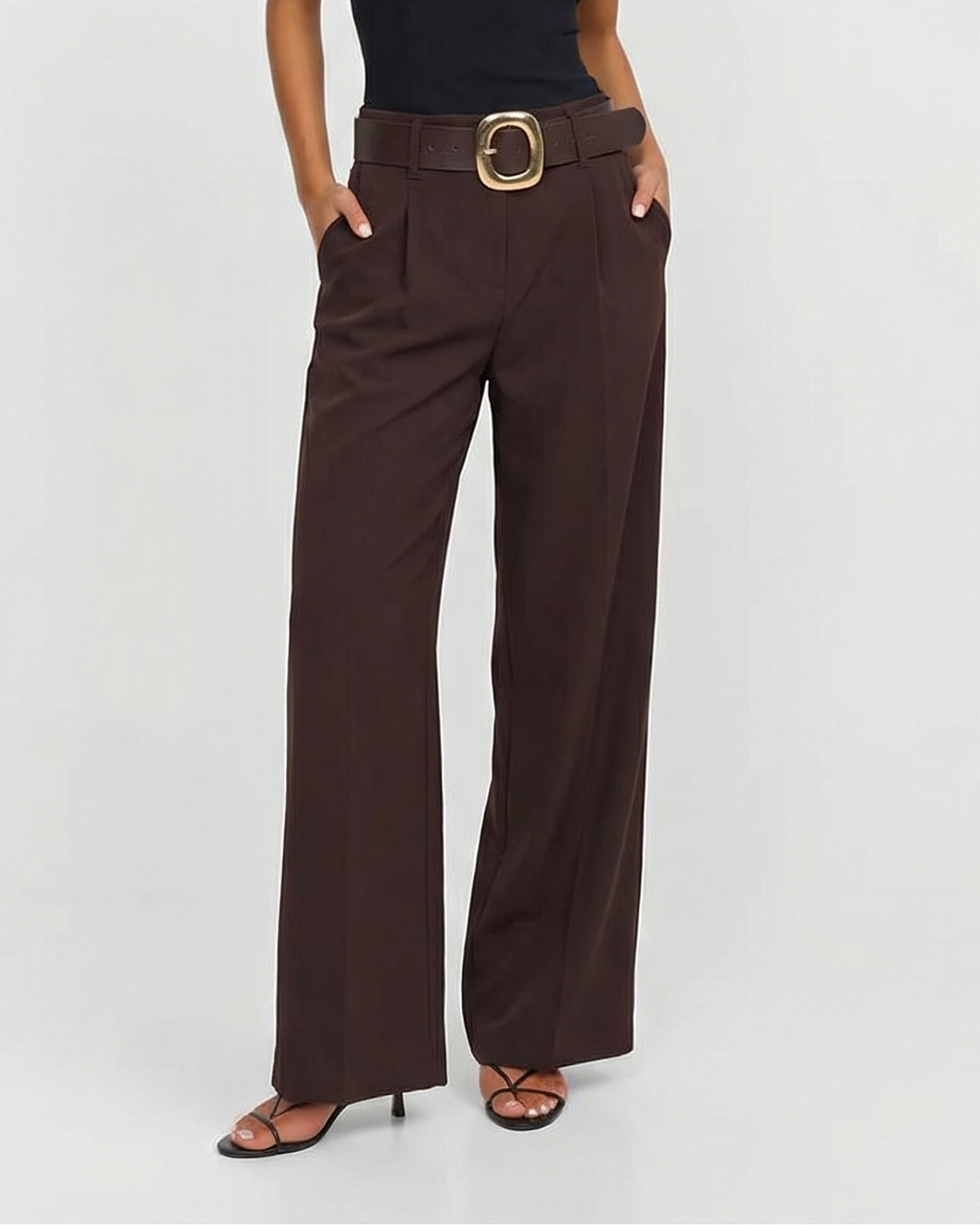 Ella | High-Waist Front-Pleat Wide-Leg Tailored Trousers in Brown