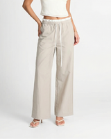 Georgia | Elasticated High-Waist Contrast Drawstring Pocket Wide-Leg Cotton Trousers in Cream