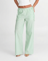 Louisa | Elasticated Side Drawstring Ribbed Wide-Leg Linen Trousers in Green