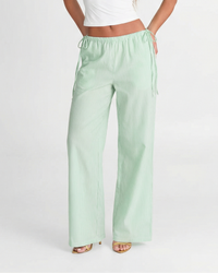 Louisa | Elasticated Side Drawstring Ribbed Wide-Leg Linen Trousers in Green