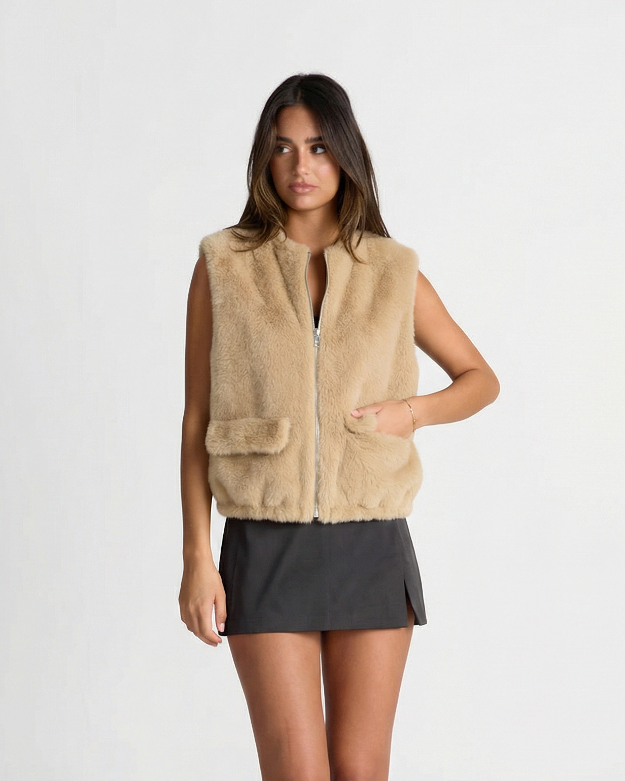 Cora | Fuzzy Sherpa Vest Cream Zip Up