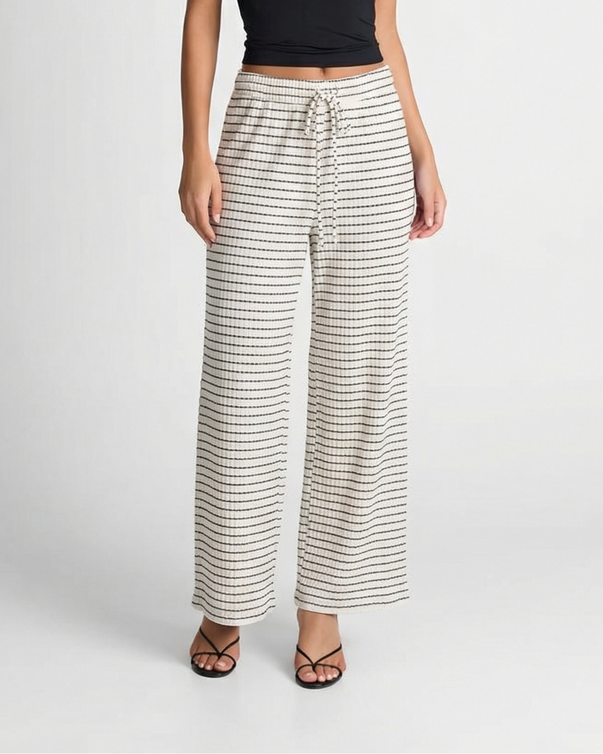 Naomi | Stripe Drawstring Ribbed Knit Wide-Leg Trousers in Cream