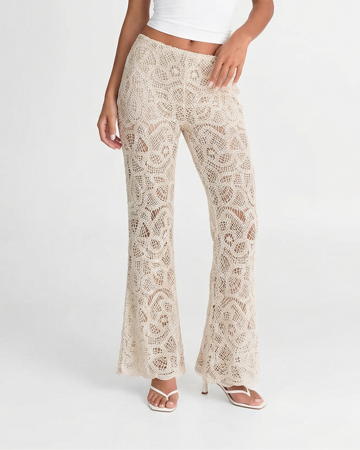 Freya | Open-Weave Crochet Knit Flared Trousers with Elasticated Waist