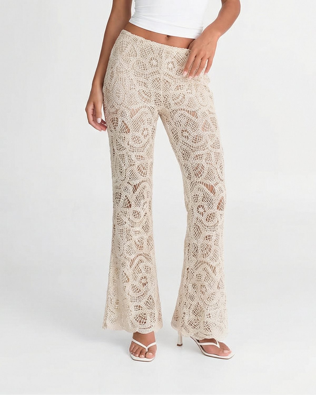 Freya | Open-Weave Crochet Knit Flared Trousers with Elasticated Waist