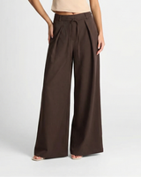 Yasmin | Tie-Front Double Pleat Wide-Leg Linen Trousers in Brown