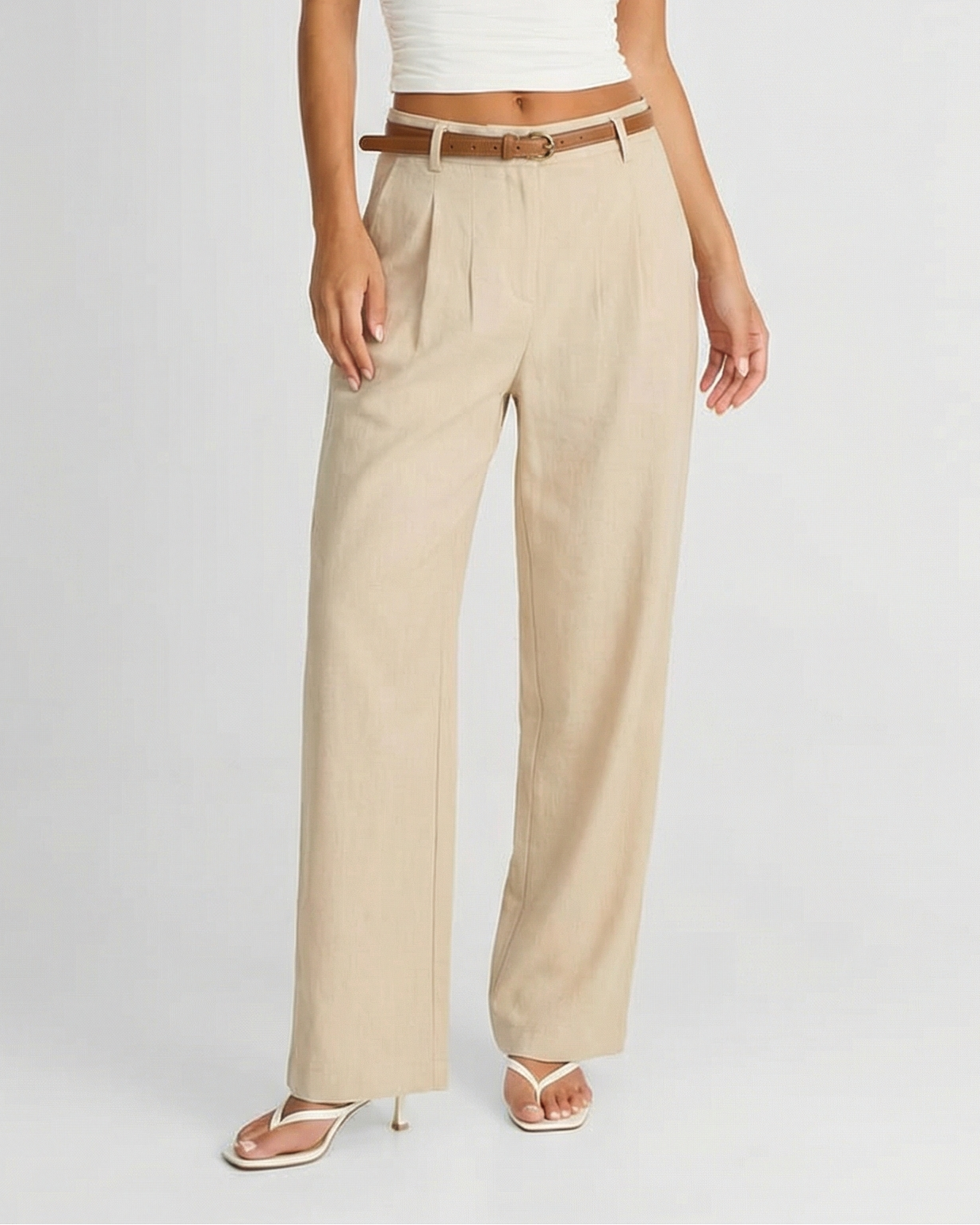 Nicole | High-Waist Pleated Belt Loop Wide-Leg Linen Trousers in Cream