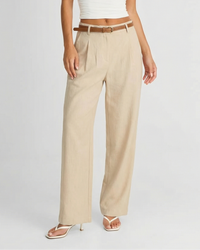 Nicole | High-Waist Pleated Belt Loop Wide-Leg Linen Trousers in Cream
