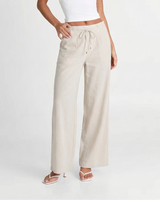 Francesca | Drawstring Pleat Side Pocket Wide-Leg Linen Trousers in Beige and Army Green