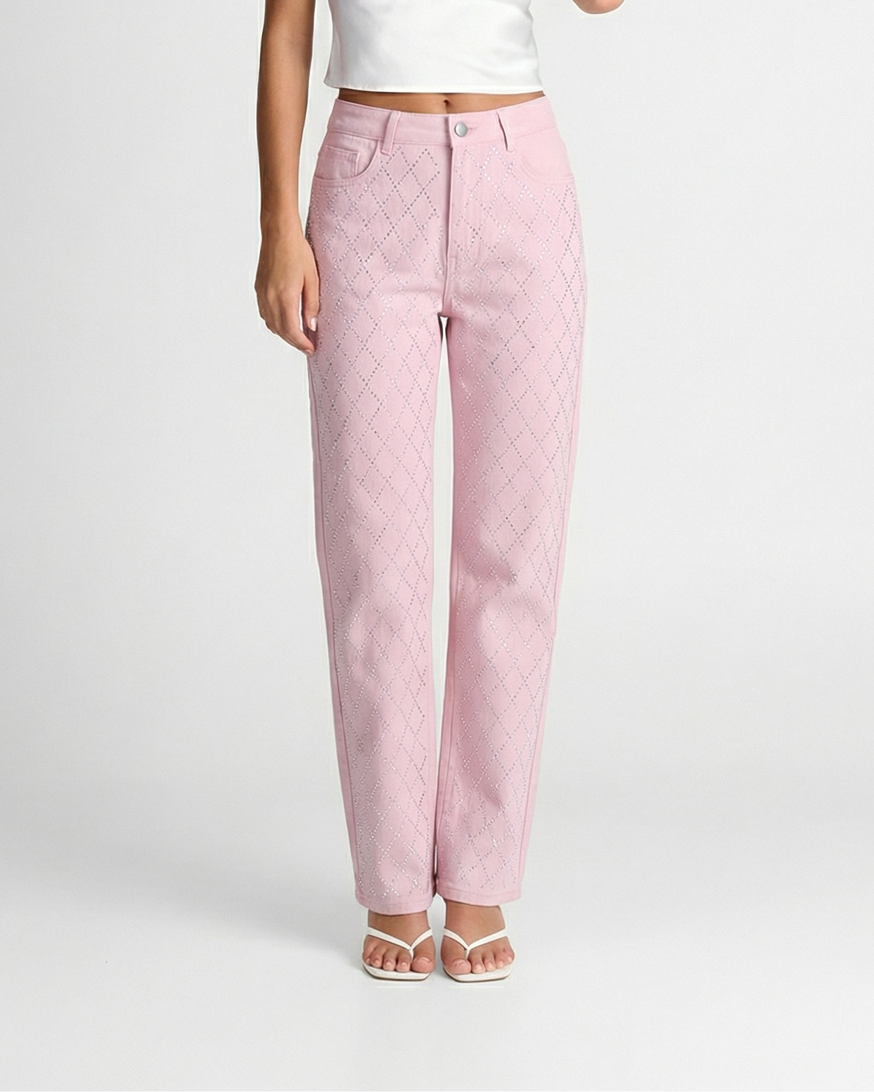Josephine | High-Rise Diamond Rhinestone Straight-Leg Jeans in Pink