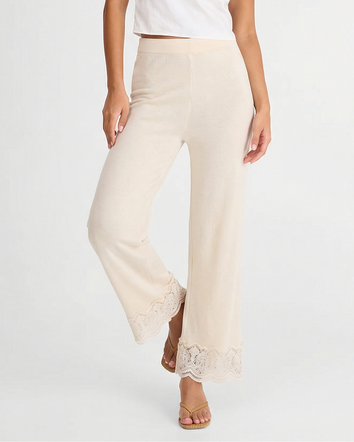 Rosa | Lace Hem Elasticated Waist Brushed Terry Wide-Leg Trousers in Cream