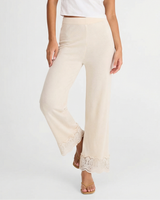 Rosa | Lace Hem Elasticated Waist Brushed Terry Wide-Leg Trousers in Cream