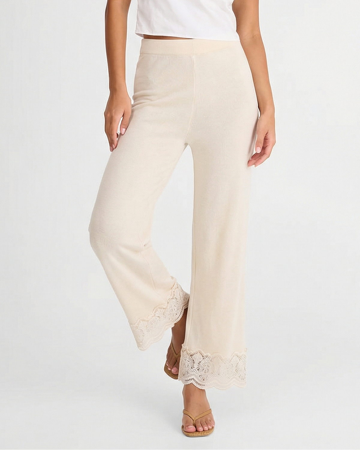 Rosa | Lace Hem Elasticated Waist Brushed Terry Wide-Leg Trousers in Cream