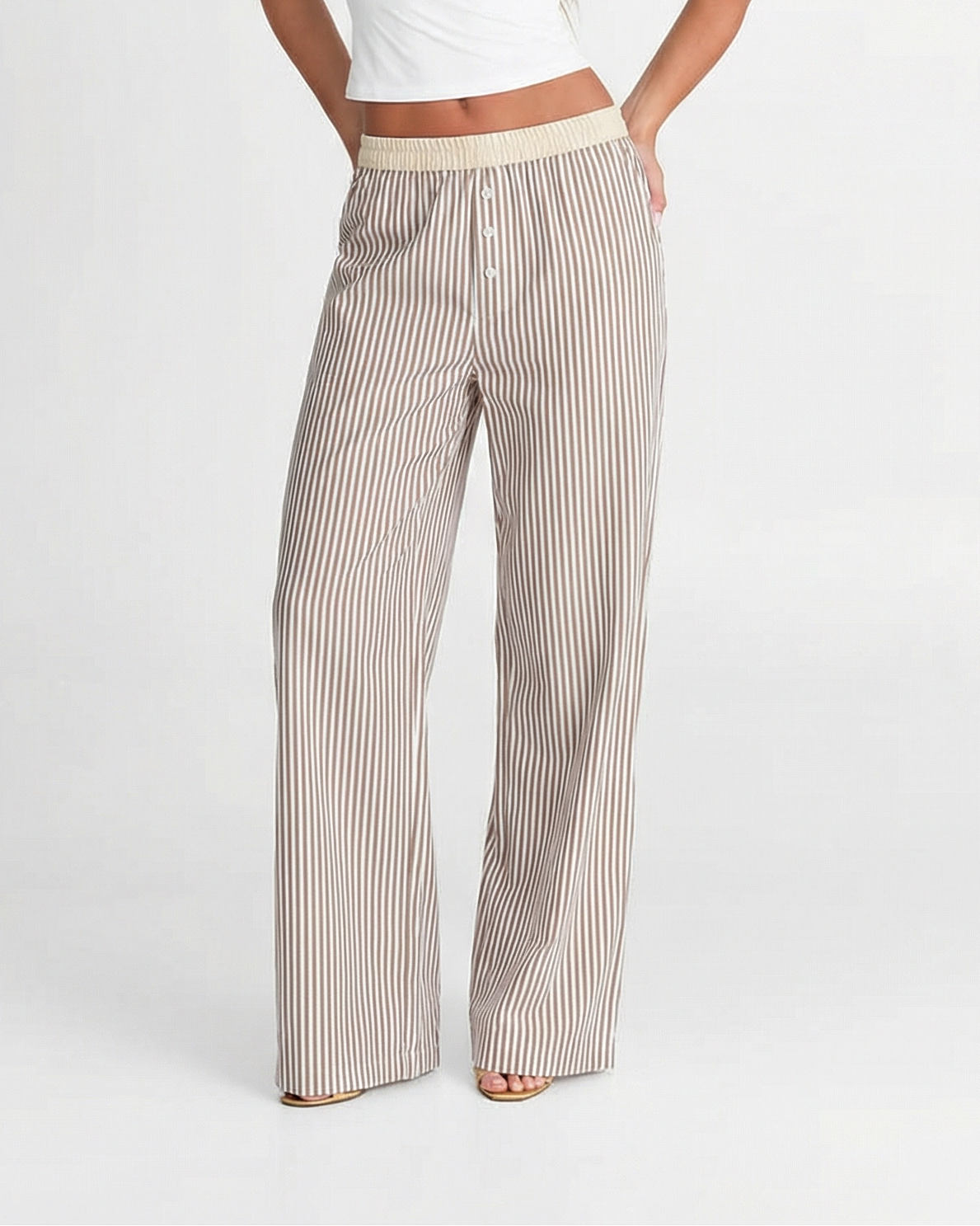 Prue | Casual Striped Wide Leg Trousers Cream