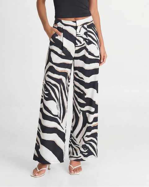 Eden | High-Waist Zebra Print Pleated Side Pocket Wide-Leg Trousers in Black and White