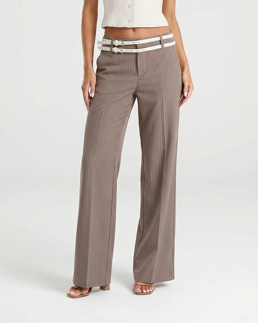 Orla | Casual Tailored Trousers Taupe Pinstripe Belted
