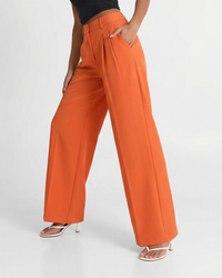 Evelyn | High-Waist Pleated Side Pocket Tailored Wide-Leg Trousers in Orange