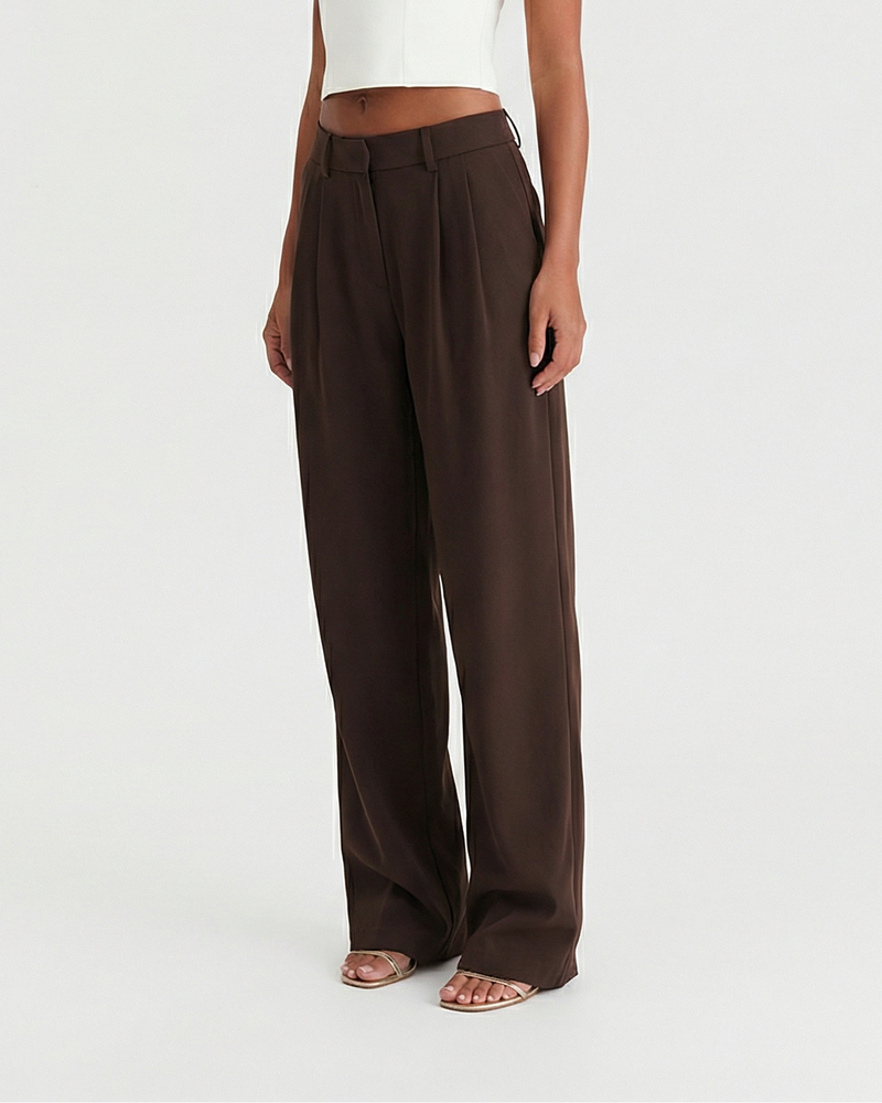 Luisa | Wide Leg Trousers Brown Pleated High Waisted