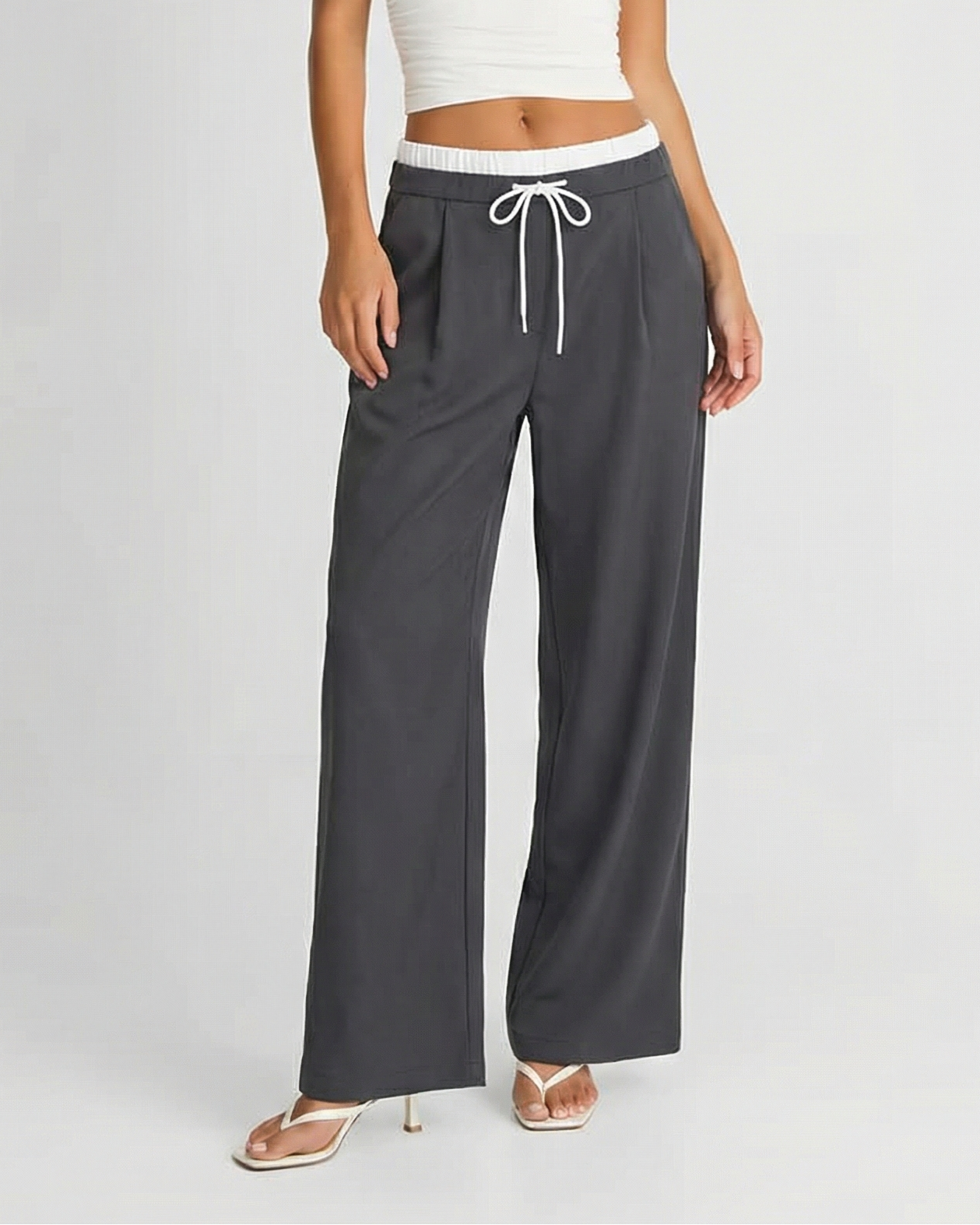 Rosie | Drawstring Pleat-Front Jersey Wide-Leg Trousers with Contrast Waistband
