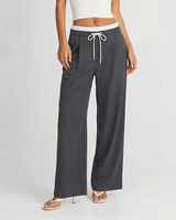 Rosie | Drawstring Pleat-Front Jersey Wide-Leg Trousers with Contrast Waistband