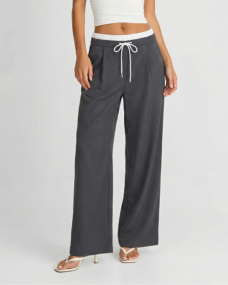 Rosie | Drawstring Pleat-Front Jersey Wide-Leg Trousers with Contrast Waistband