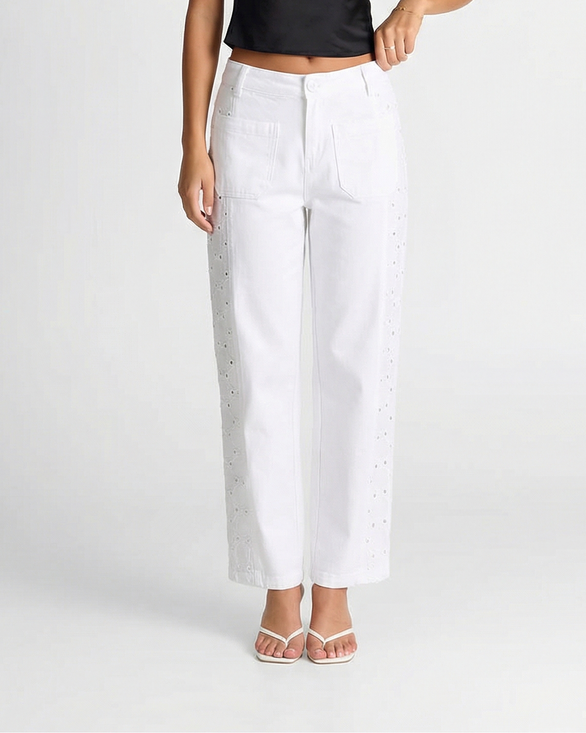Natalia | High-Rise Broderie Anglaise Panel Cropped Wide-Leg Jeans in White