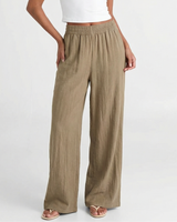 Julia | Elasticated Waist Side Pocket Wide-Leg Linen Trousers in Khaki, Red and Brown