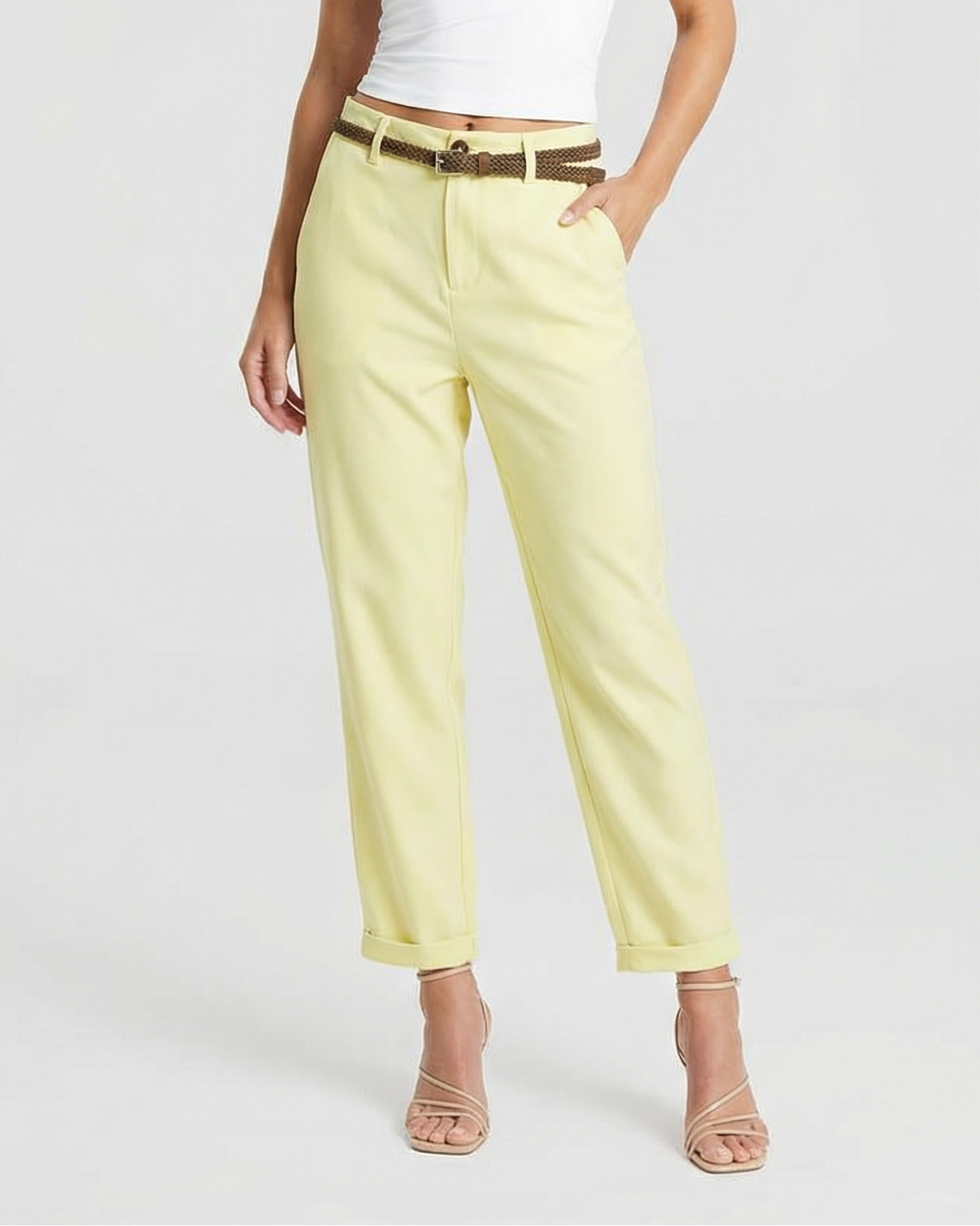 Seren | High-Waist Belted Cuffed Tapered Summer Trousers in Cream