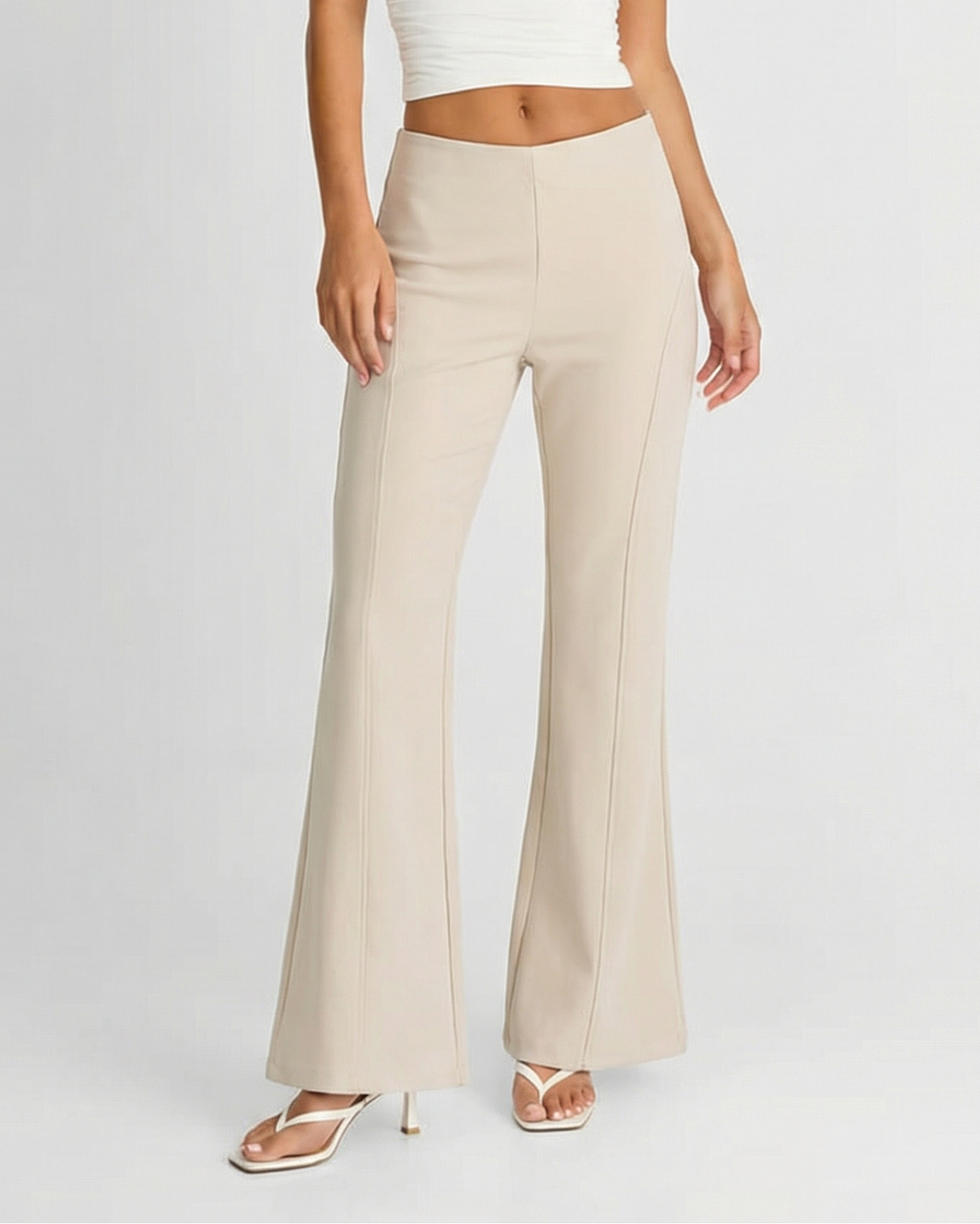 Elise | High-Waist Front Seam Flared Wide-Leg Jersey Trousers in Cream