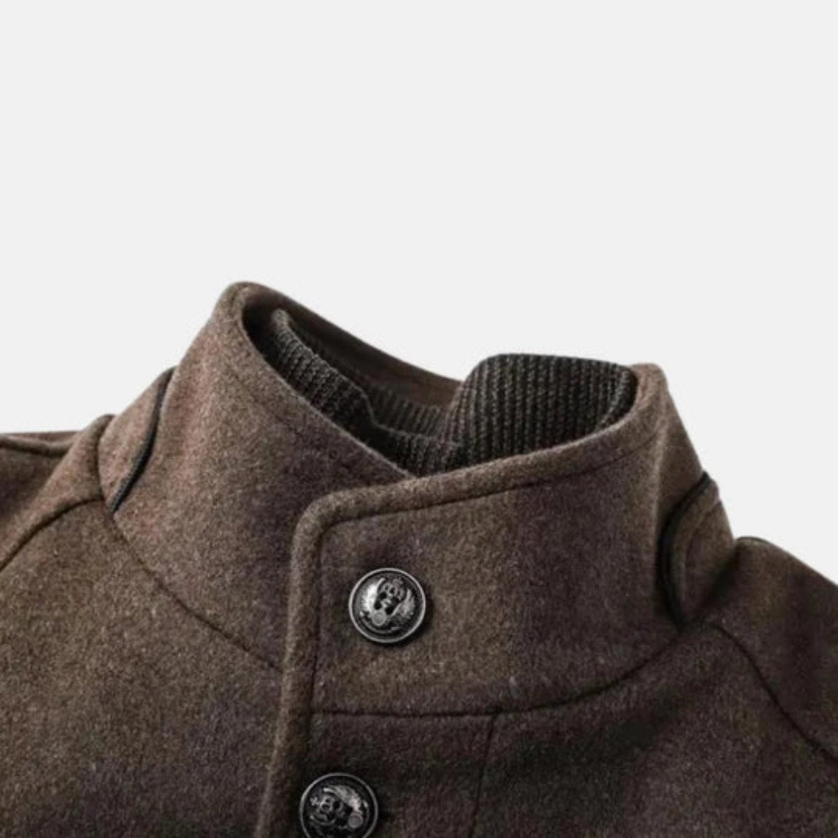 Thaddeus mid-length stand collar overcoat detail view 6