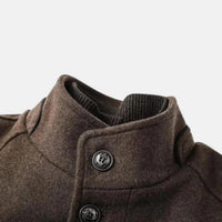 Thaddeus mid-length stand collar overcoat detail view 6