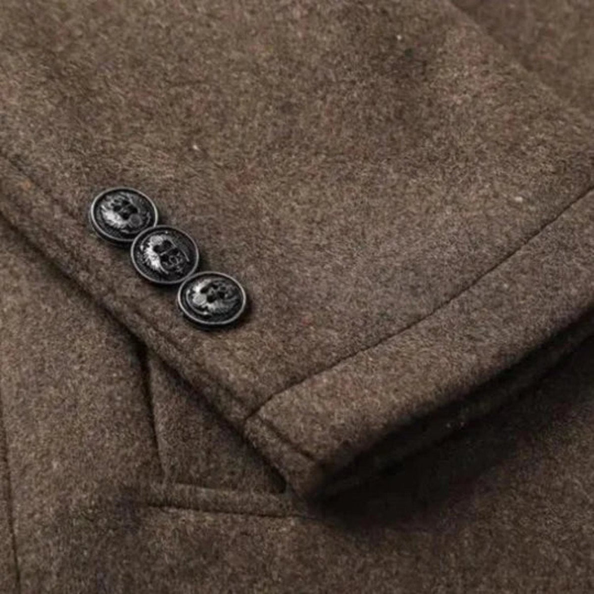 Thaddeus mid-length stand collar overcoat detail view 9