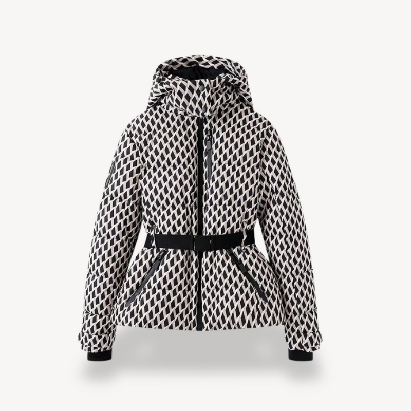 Malvina hooded belted puffer jacket in Geometric