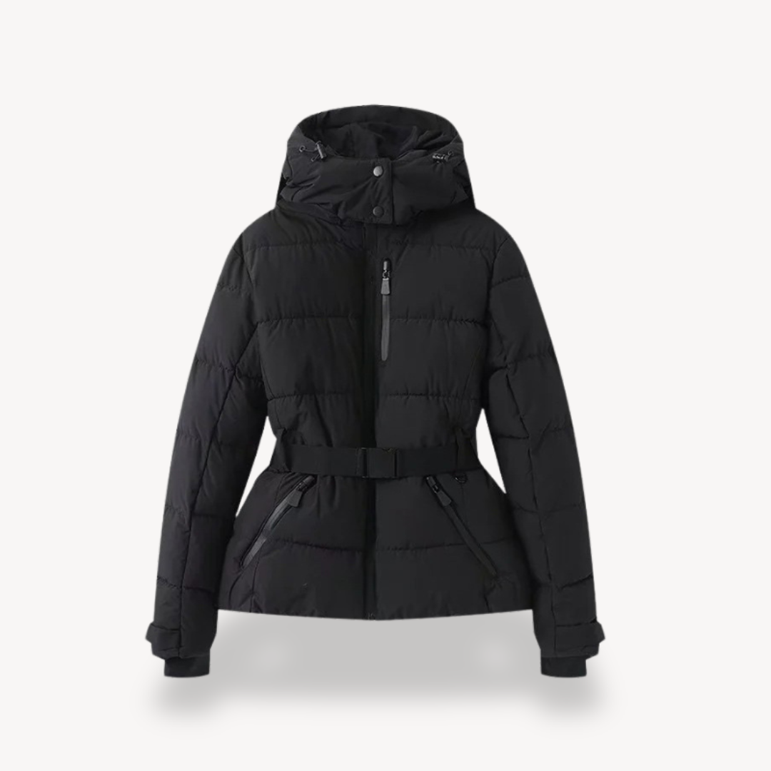 Malvina hooded belted puffer jacket in Black
