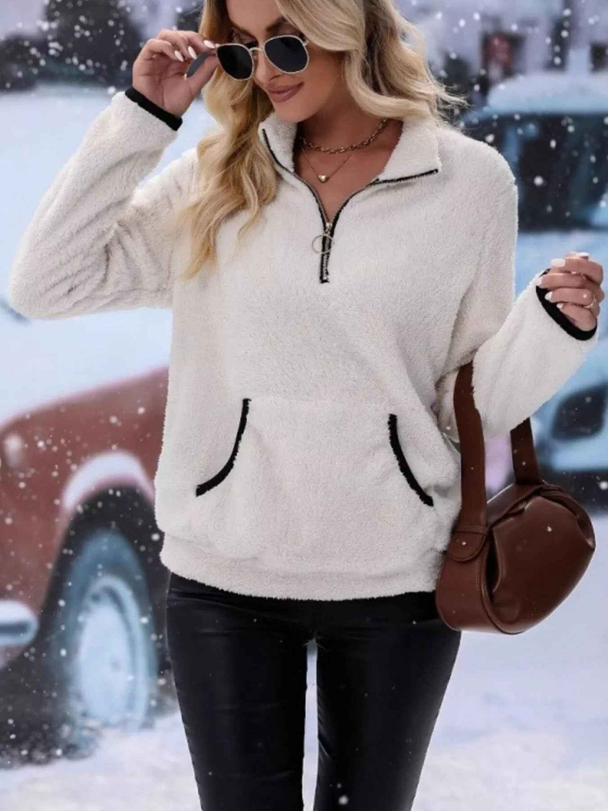 Ingrid | Women's Half-Zip Fuzzy Jumper with Kangaroo Pocket