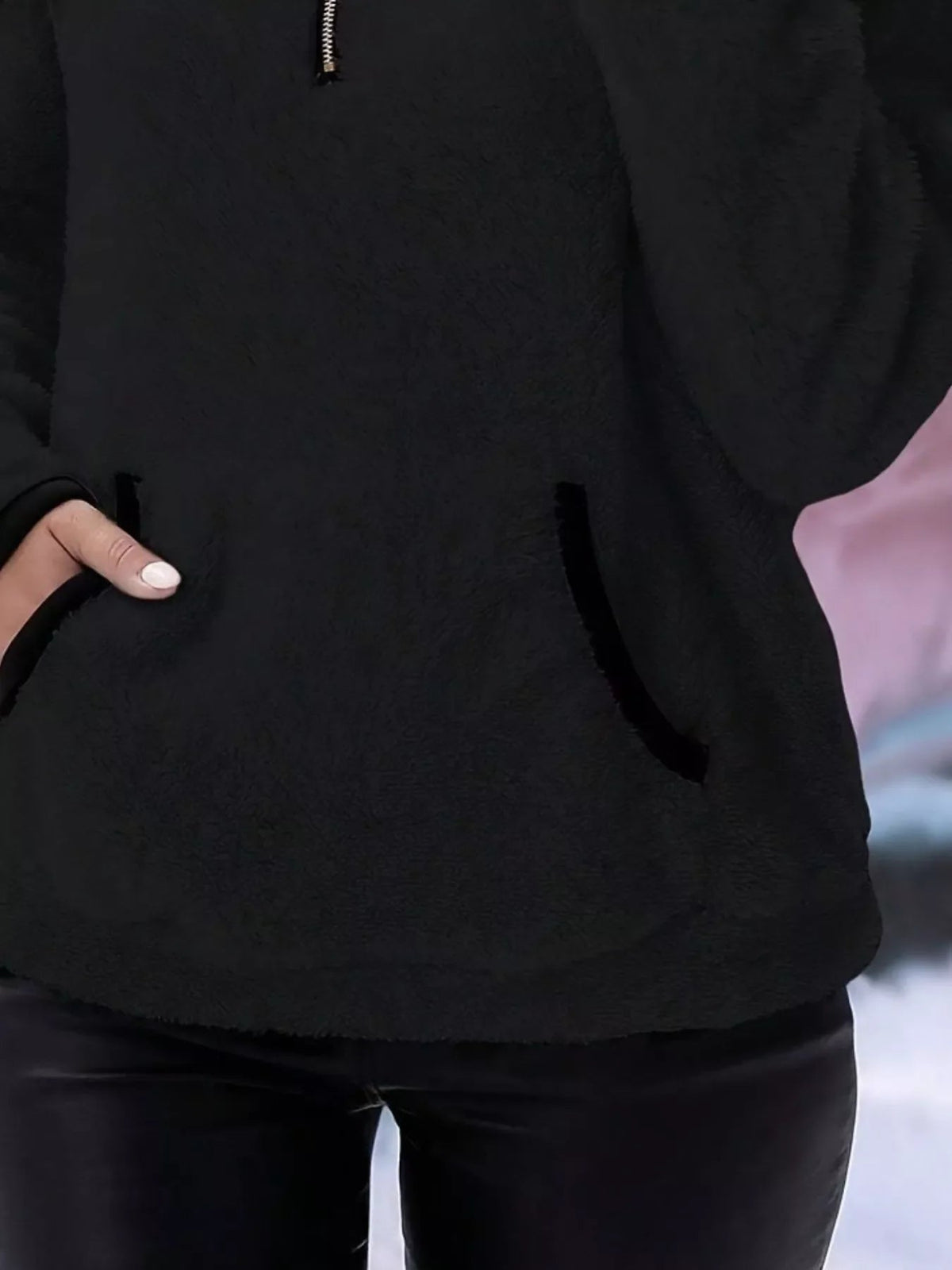 Ingrid women's half-zip fuzzy jumper in Black detail