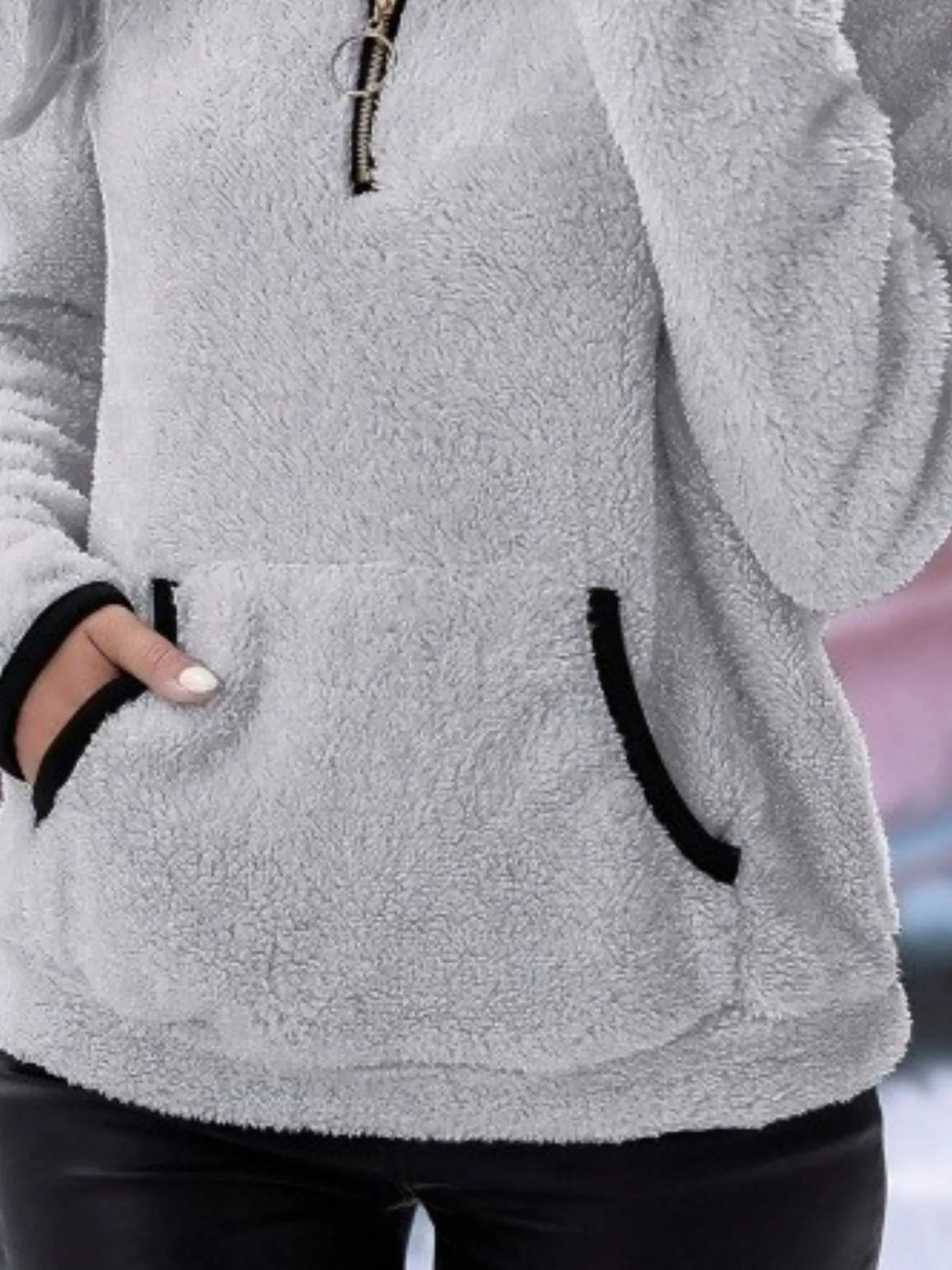 Ingrid women's half-zip fuzzy jumper in Light Grey detail