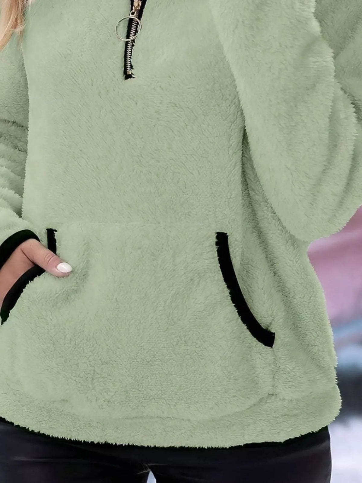 Ingrid women's half-zip fuzzy jumper in Light Green detail