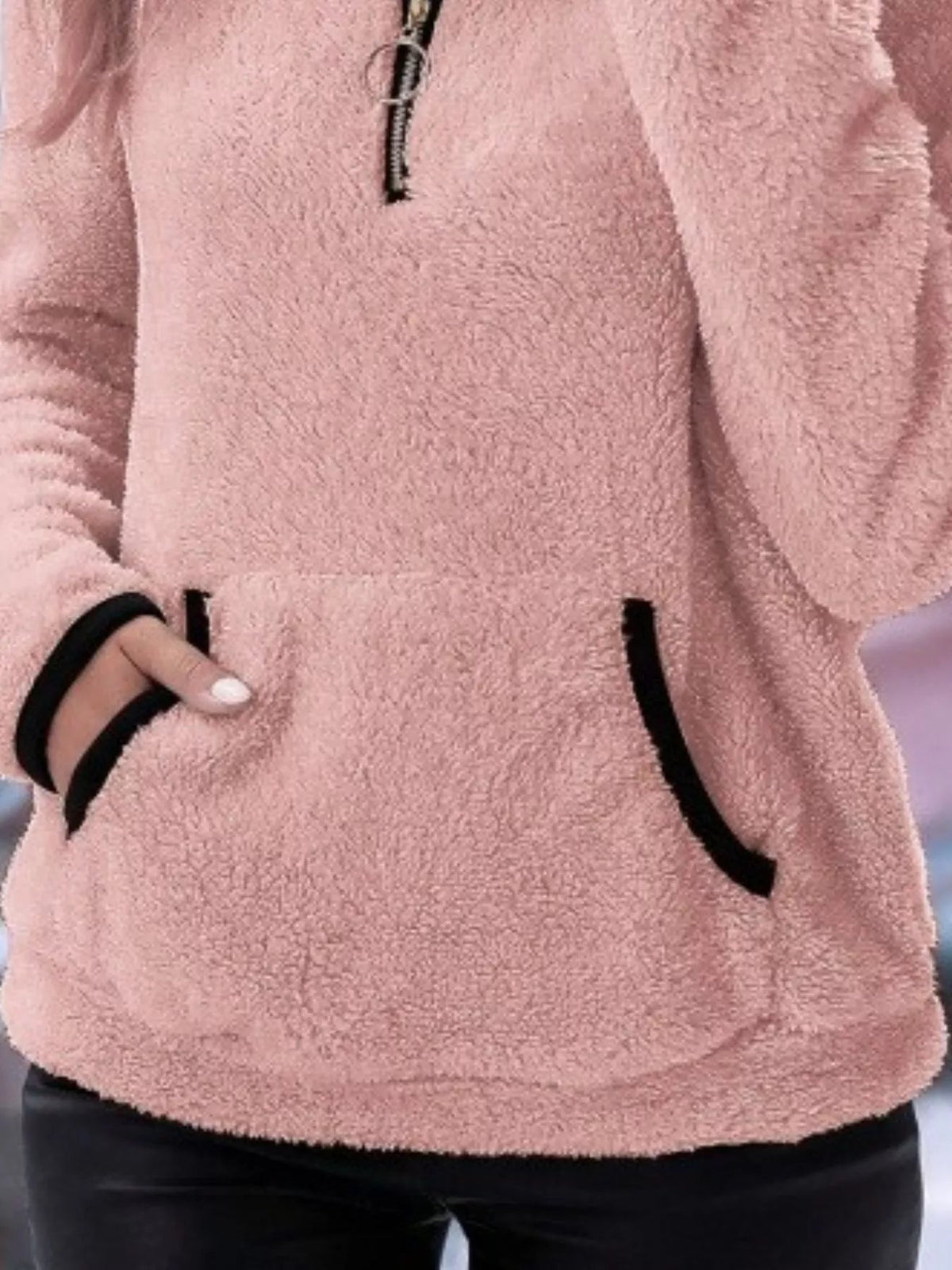 Ingrid women's half-zip fuzzy jumper in Pink detail