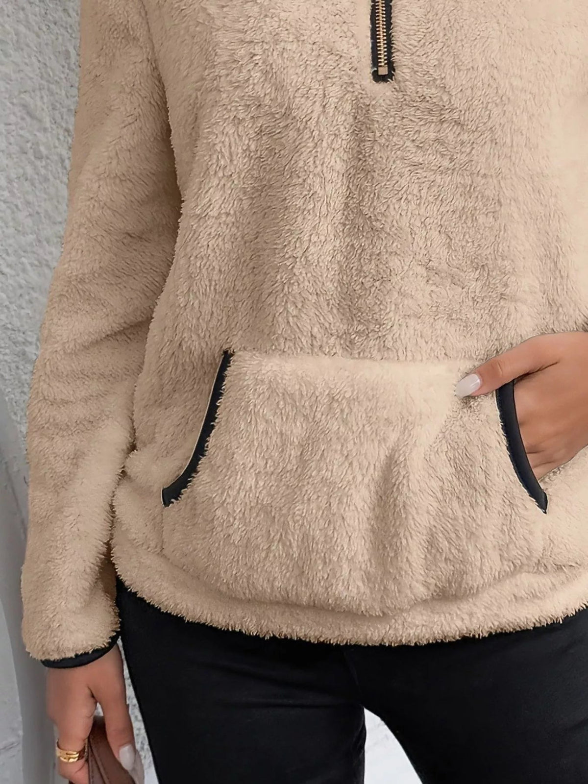 Ingrid women's half-zip fuzzy jumper in Khaki detail