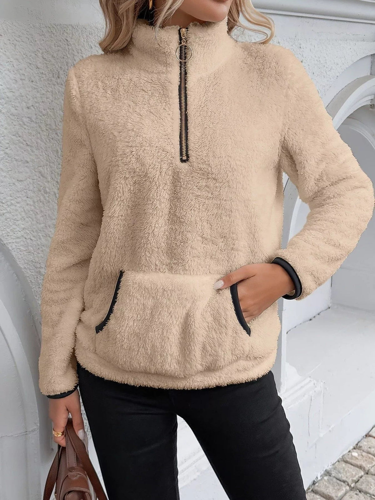 Ingrid women's half-zip fuzzy jumper in Khaki