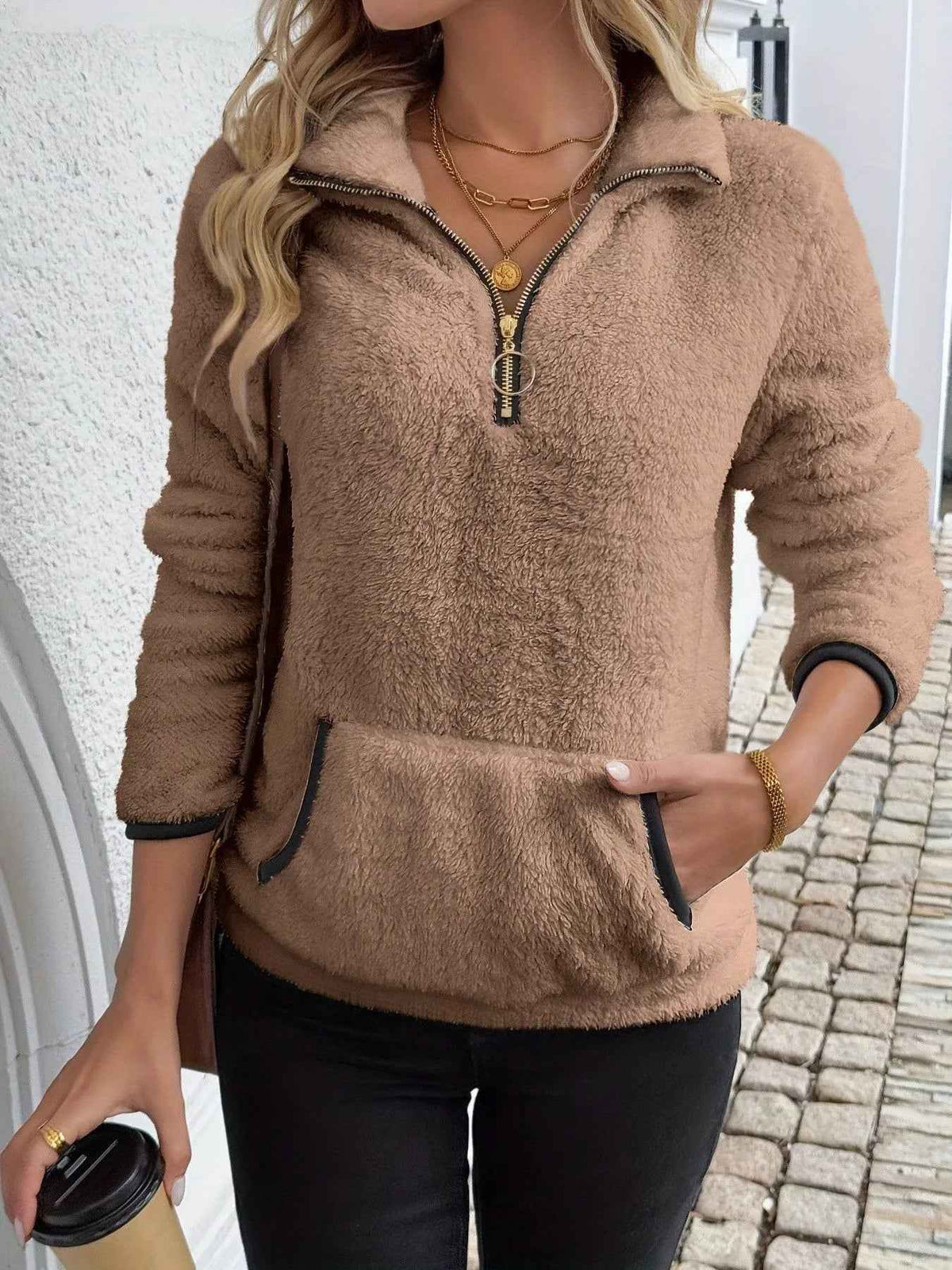 Ingrid | Women's Half-Zip Fuzzy Jumper with Kangaroo Pocket