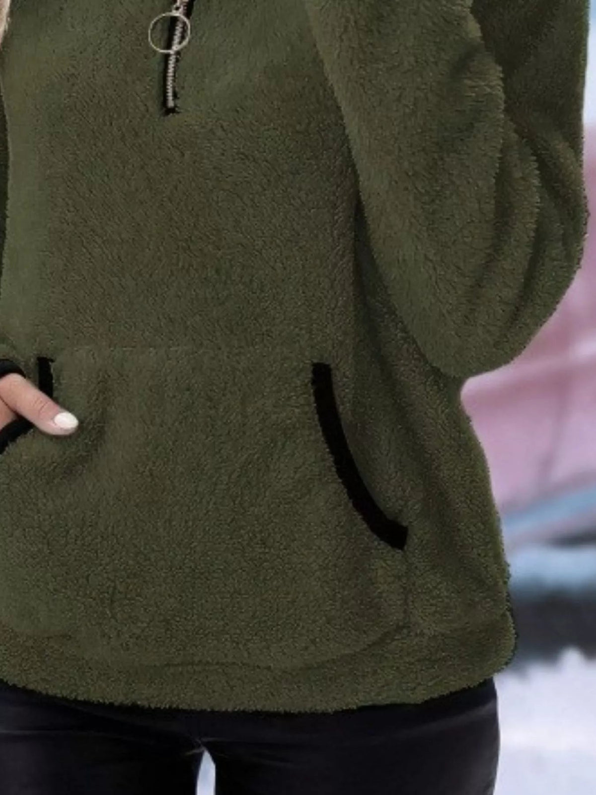 Ingrid women's half-zip fuzzy jumper in Army Green detail
